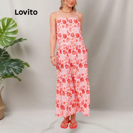 Lovito Bossa l Vestido Longo Estampado Alças Finas DRB1194BRL1224