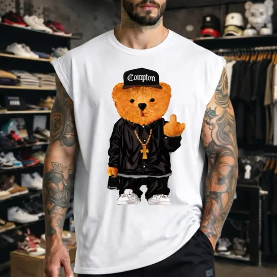 Camiseta Regata Masculina Algodão Estilosa Urso Máfia Casual Caimento Perfeito Leve Respirável