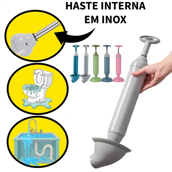 Desentupidor Manual de Forte Pressão para Pia/Vaso/Ralo/Cano Tipo Cônico e Redondo