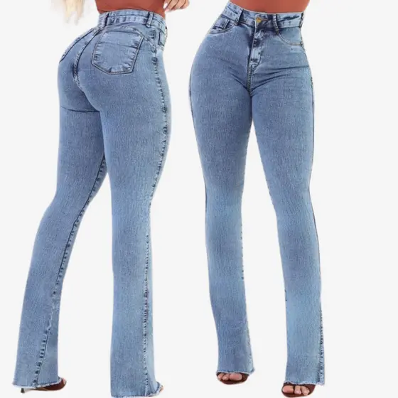 Cal莽a Jeans Feminina Flare C贸s e Cintura Alta Levanta Bumbum Com Lycra Elastano Promo莽茫o