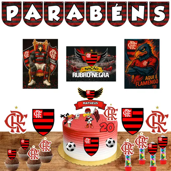 Kit Festa do Flamengo Topper de Bolo Personalizado Nome e Idade