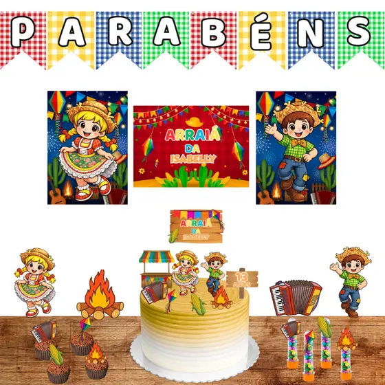 Kit Festa Junina Topo de Bolo Aniversário e Mesversário Personalizado