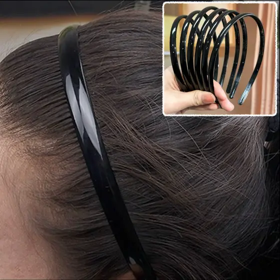 Kit 6/12 Tiaras de Cabelo Pretas Antiderrapantes – Arco Fino Confortável, Brilhante, Não Aperta