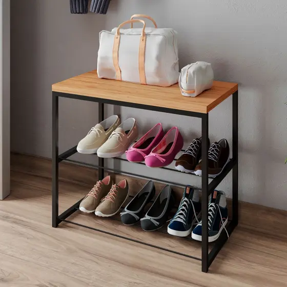 Sapateira Banco Estilo Industrial com 2 Prateleiras em Aço e Tampo MDF