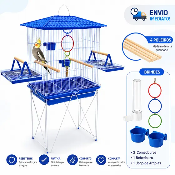 Gaiola Viveiro Calopsita + Acessórios com e sem Bandejas Laterais C/Pé Grande Agapórnis Aves Mansas Promoção Mansa Ninho