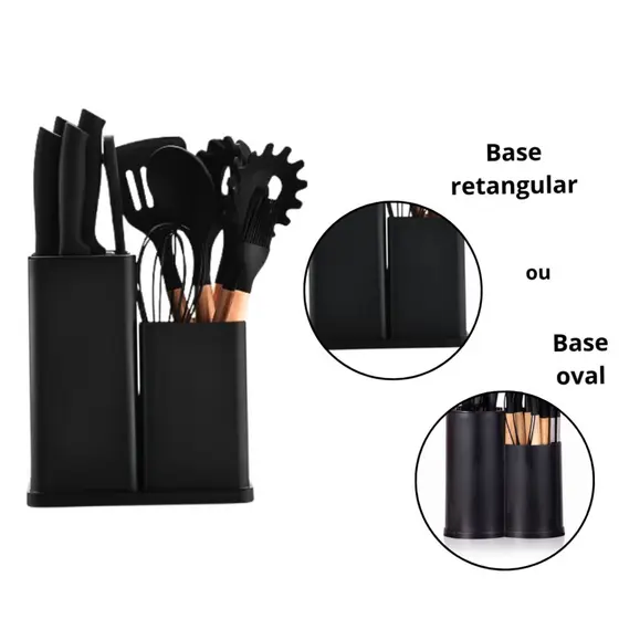 Kit Utensílios de Cozinha 19 Peças, Silicone Antiaderente, Cabos de Madeira, Facas, Tábua de Corte e Suporte Organizador