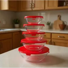 Kit 5 Tigelas de Vidro Redondas com Tampas Vermelhas Herméticas Potes para Cozinha e Armazenamento
