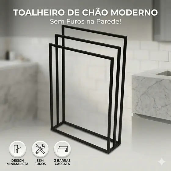 Toalheiro de Chão Porta Toalha 3 Barras Aço Moderno Minimalista Banheiro Luxo Resistente Premium Top