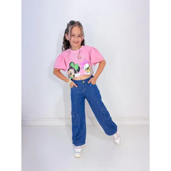 Calça Jeans escuro Cargo Infantil Juvenil Menina com Bolsos Laterais