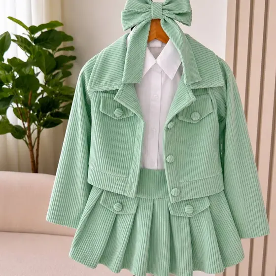 Conjunto Infantil Feminino Veludo Cotelê | Jaqueta + Saia Plissada +| Roupa Elegante para Me