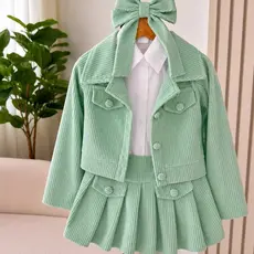 Conjunto Infantil Feminino Veludo Cotelê | Jaqueta + Saia Plissada +| Roupa Elegante para Me