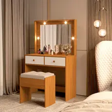 Penteadeira Livia C/ Banqueta - Espelho - Led - 2 gavetas - MDF - Nature/Off White