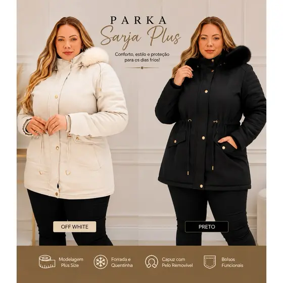 parka Sarja Plus Size Forrada Peluciada | Capuz removível