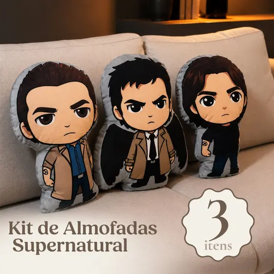 Almofadas Supernatural: Dean, Sam e Castiel - Micropercal Decorativa Geek