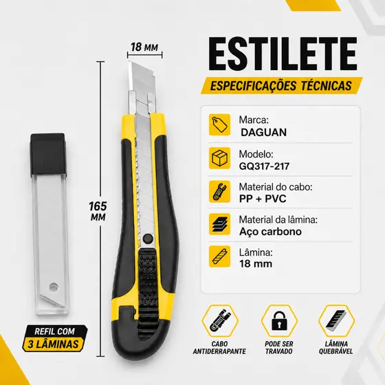 ESTILETES + 3 LAMINAS PROFISSIONAL ALTA QUALIDADE EMBORRACHADO 18MM C/LAMINA PRECISÃO PARA CORTES