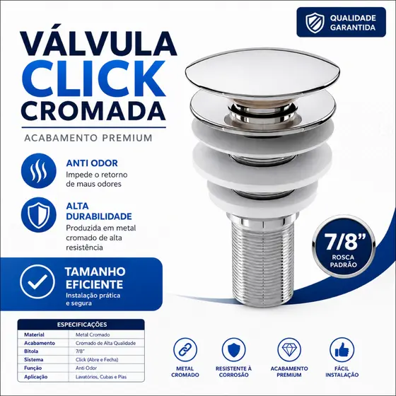 Válvula Click Cromada Cuba Banheiro Lavatório Lavabo 7/8 Anti Odor Sistema Click ABS
