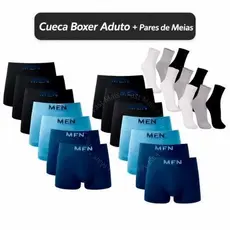 Kit 5 Cuecas Boxer Microfibra Adulto + 12 Pares Meias Algodão