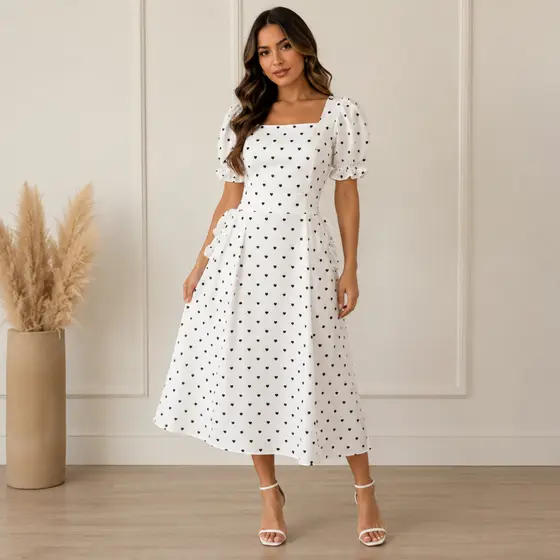 Vestido Feminino Midi De Crepinho Forrado Evangélico Elegante Com Manga Bufante Premium