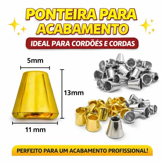 Ponteira Pé de Caixa Dourada 1000 / 500 / 100 Prata Cone Sino Cordão