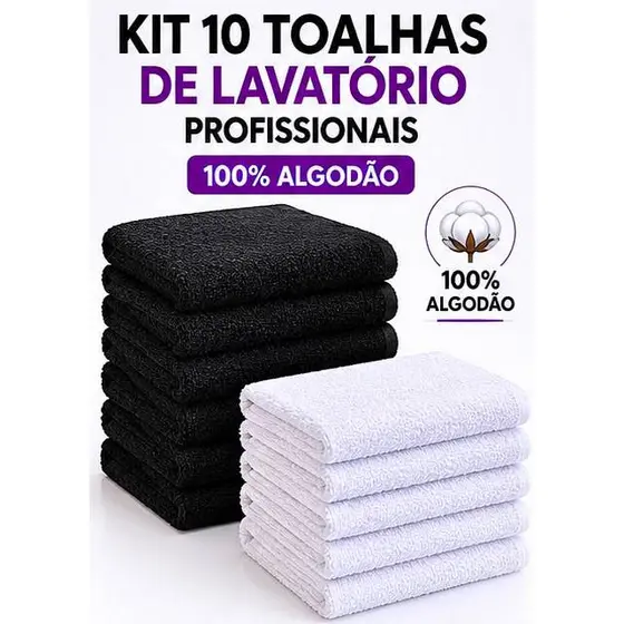 Kit 10 Toalhas De Lavatório Profissional 100% Algodão Salão Barbearia Alta Absorção Macias Duráveis Preto Branco