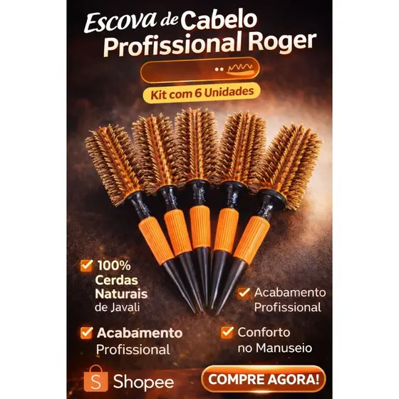 Kit Completo  Escovas de Cabelo Profissional Roger – Cerdas Naturais