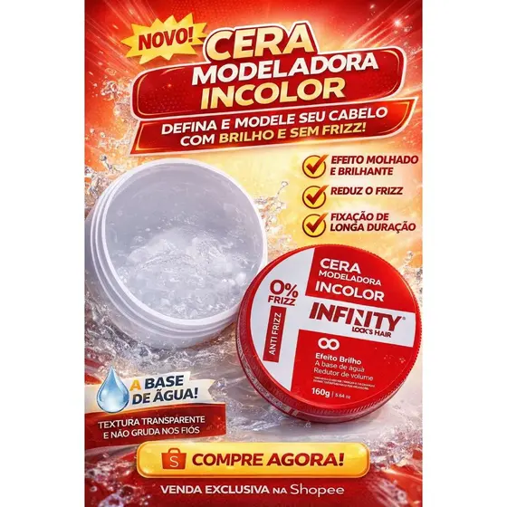 Cera Modeladora Incolor Infinity Locks Hair Efeito Molhado Anti Frizz 160g