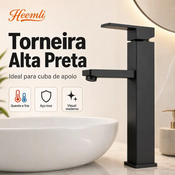 Torneira para Banheiro Heemli em Inox Monocomando Saída Alta para Lavabo Cuba Quadrada Pintura Preta Água Quente e Fria
