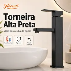 Torneira para Banheiro Heemli em Inox Monocomando Saída Alta para Lavabo Cuba Quadrada Pintura Preta Água Quente e Fria