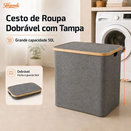 Cesto de Suja Heemli Dobrável em Oxford com Tampa Grande Capacidade para Banheiro Quarto Lavanderia Varanda Anti Mofo