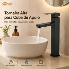 Torneira para Banheiro Heemli Alta Preta Inox Quente Fria Cuba Apoio