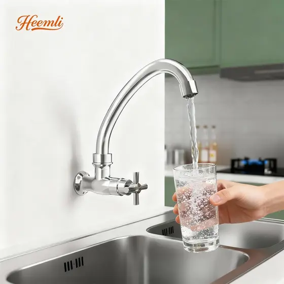 Torneira de Cozinha Heemli Monocomando de Parede com Tubo Curvo Água Fria ABS Cromado com Aerador Economizador