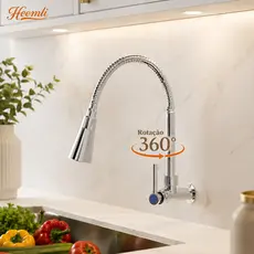 Torneira Gourmet Heemli para Cozinha de Parede Aço Inox Prata com Chuveiro Flexível 360°