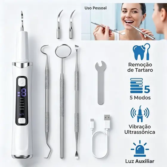 Aparelho ultrassônico para limpeza dental com visor LED, elimina tártaros, uso humano e pet