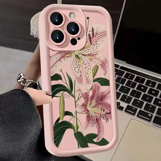 Capinha Capa Para iPhone XR 11 12 13 14 15 16 17 PRO MAX 14 15 16 PLUS Silicone À Prova de Choque lírio flor