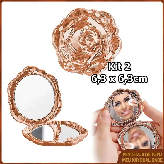 2 espelho redondo dobrável modelo Rose espelho de bolso espelho maquiagem espelho viagem espelho dupla face Rosa Dourado