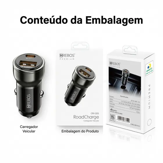 HREBOS Carregador Veicular 30W Turbo USB‑C + USB‑A Carregamento Rápido para Carro