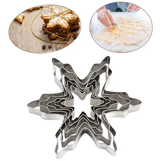 Conjunto de 5 peças de moldes de biscoito em formato de floco de neve de Natal, moldes de aço inoxidável, ferramentas de
