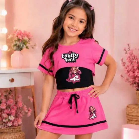 Conjunto Infantil | Tam 4 ao 12 Emily Vick 3 Peças Moletinho | Cropped + Regata + Short Saia Feminino