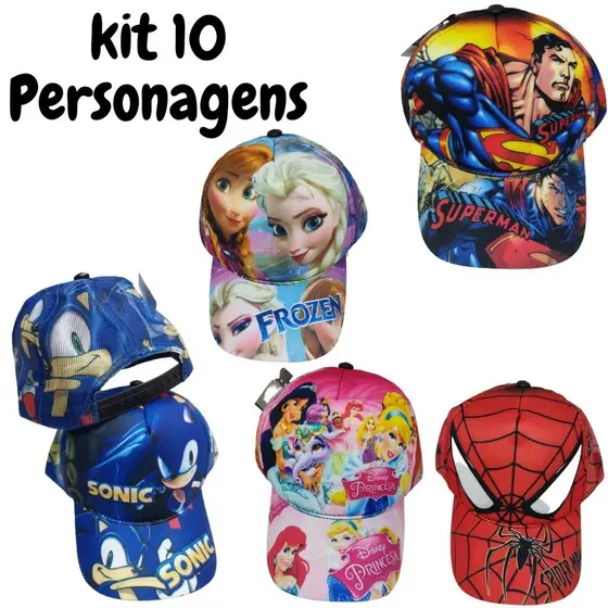 Bone Kit 10 Peças Desenhos Menino Menina Criança Telinha Redinha Chapeu Lojistas Atacado Bune Bombeta