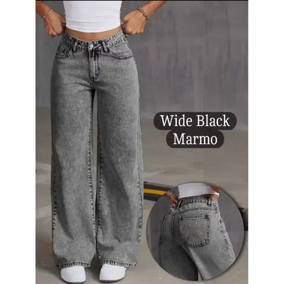 calça wid leg jeans feminina Cintura Alta Cós Alto Cinza Grafit Marmorizada