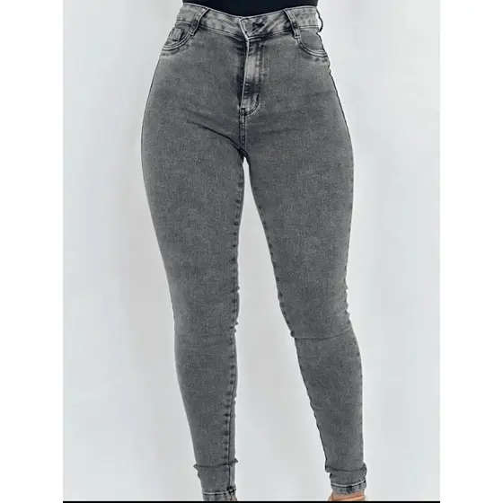 Calça Jeans Feminina Skinny Com Lycra Cintura Alta Cinza Grafit Preta Premium Cós Alto Escura