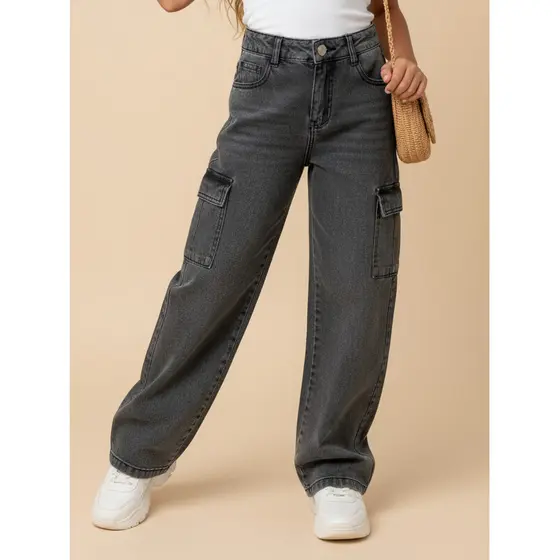 Calça Cargo Infantil Juvenil Jeans feminina Grafite Super tendencia Larga Bolso Na Lateral Alta