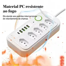 Filtro de linha multifuncional com 5 tomadas e 3 portas USB, 2500 W, 10 A, 110 V/220 V, cabo de 2 m