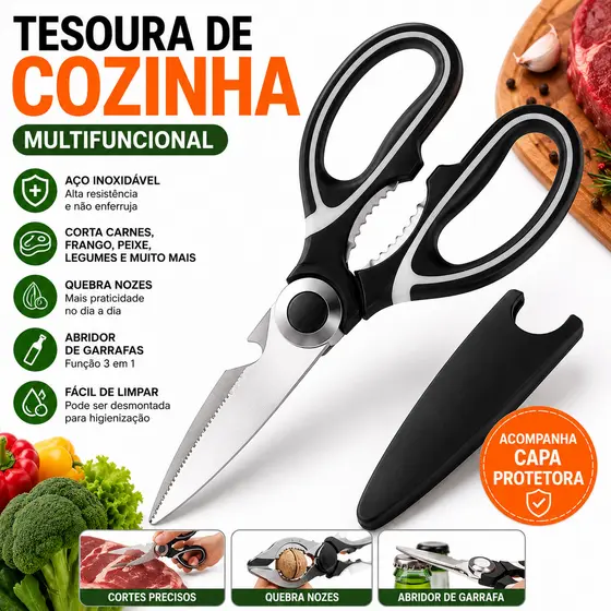 Tesoura de Cozinha Multifuncional Aço Inox com Capa Corta Carne Frango Peixe Legumes