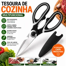 Tesoura de Cozinha Multifuncional Aço Inox com Capa Corta Carne Frango Peixe Legumes