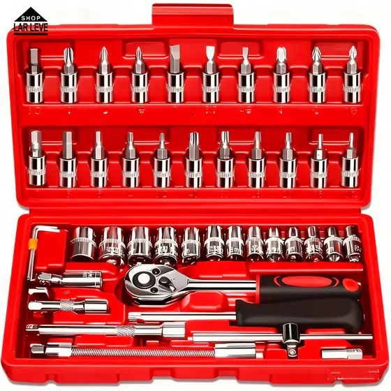 Kit Ferramentas 10/40/46 Peças Aço Cromo Vanádio c/ Chave Catraca, Estojo ABS, p/ Carro e Casa