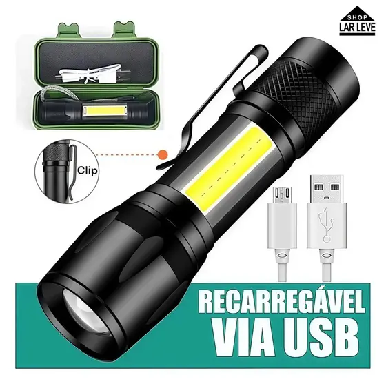 Lanterna Recarregável USB LED Q5 com Zoom 3 Modos e Clipe