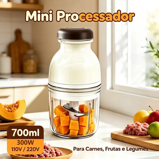 Mini Processador Elétrico 700ml 300W 4 Lâminas para Alimentos Carne Legumes 110V/220V