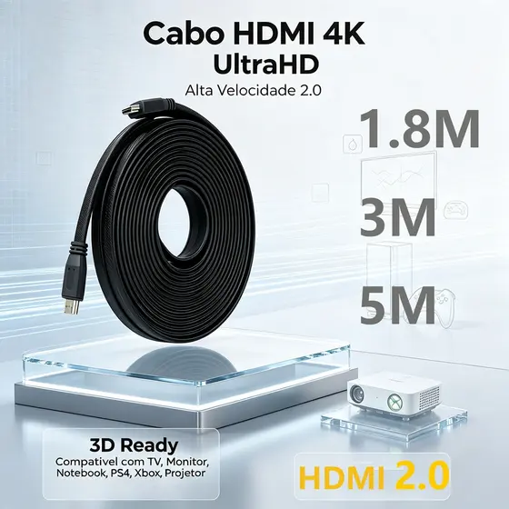 Cabo HDMI 4K Ultra HD Alta Velocidade 1,8m 3m 5m para TV Monitor Notebook PS4 Xbox Projetor Smart TV