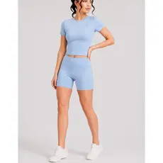 Conjunto Fitness Poliamida Feminino Baby Tee Slim Fit Compressão + Short Academia Costura Rebatida